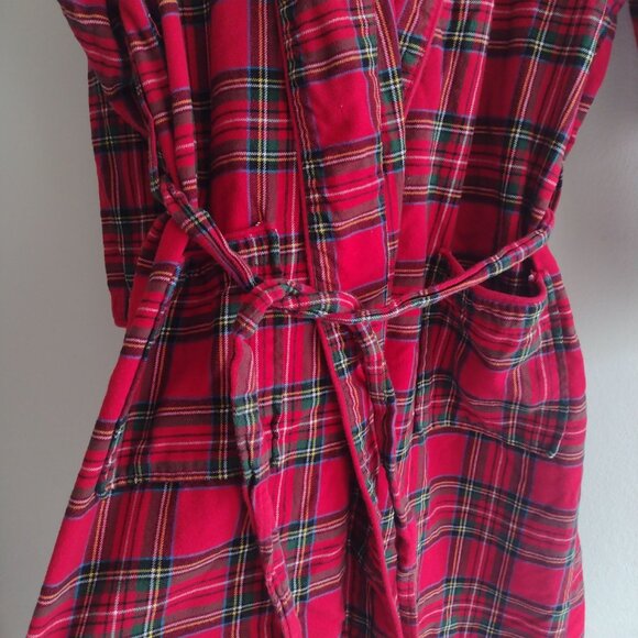Pottery Barn Red Plaid Flannel Robe Womens M Cozy Holiday Wrapper w Pockets - Picture 5 of 11